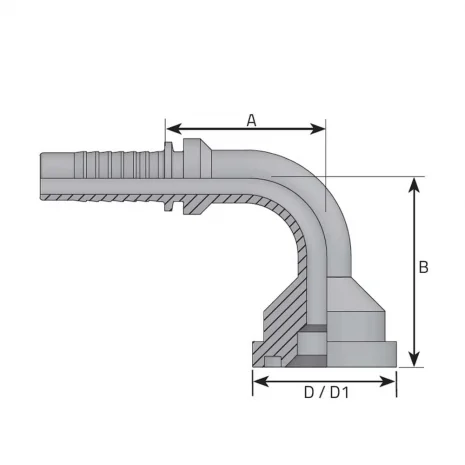 hydraulicplanet Technical drawing of the FLANGE CODE 62 6000 PSI - 90° ELBOW hose fitting with labelled dimensions A, B, and D/D1.