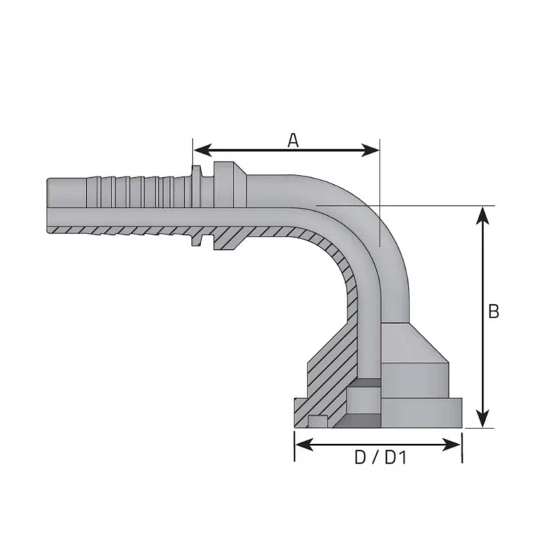 hydraulicplanet Technical drawing of the FLANGE CODE 62 6000 PSI - 90° ELBOW hose fitting with labelled dimensions A, B, and D/D1.