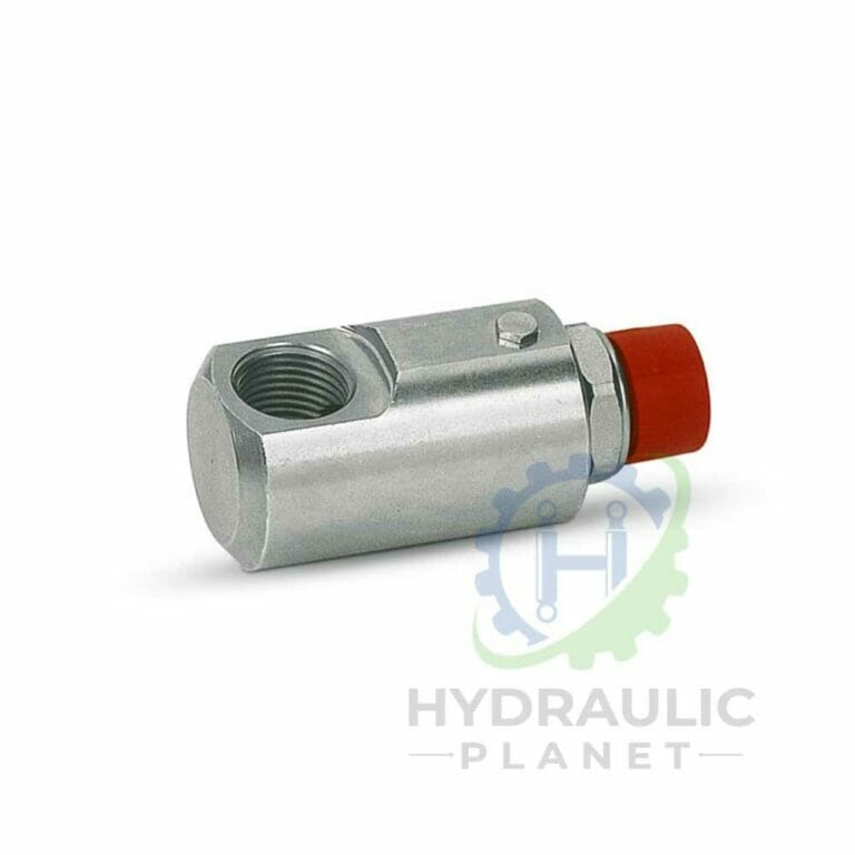 hydraulicplanet The 90° Inline Rotating Coupling, a silver hydraulic valve with a red cap and threaded port, is shown on a plain background with the faint Hydraulic Planet logo partially visible underneath.