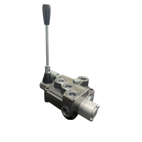 hydraulicplanet The BLB BF901 LEVER VALVE COMPLETE WITH BUILT-IN FLOW CONTROL features a black handle, multiple ports, and a metallic body for dependable hydraulic flow management, shown isolated on a white background.