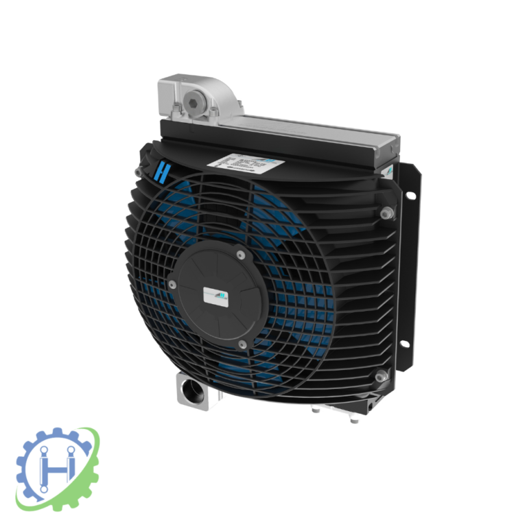 hydraulicplanet The ASA OIL / AIR COOLER TT 07 12 V AND 24V DC + 1" RAIL CONNECTOR, in black and silver with a protective grille and bracket mount, appears against a white background featuring a blue and green gear logo in the corner.
