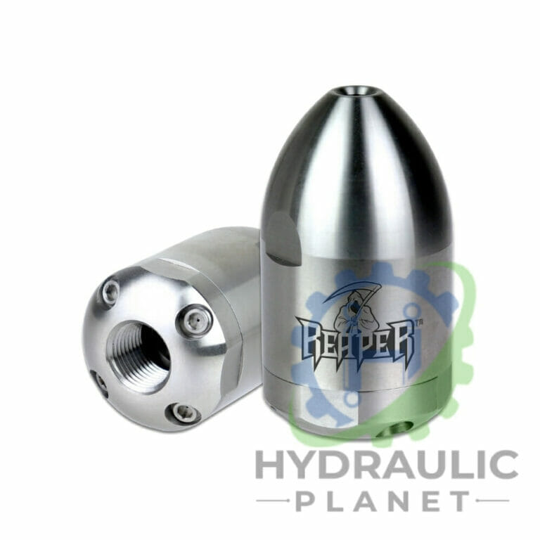 hydraulicplanet The REAPER™ Rotating Jetting Nozzle with a 1/2" inlet and 30° spray angle is displayed with another metallic nozzle, both featuring threaded openings, against a white background.