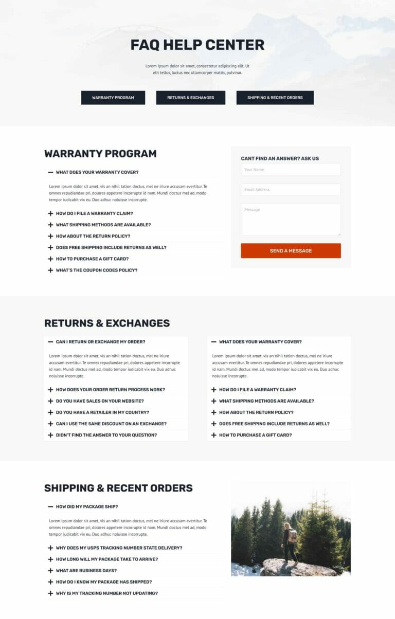 hydraulicplanet Screenshot of an FAQ Help Centre page with sections for Warranty Programme, Returns & Exchanges, and Shipping & Recent Orders, each containing expandable questions and a contact form on the right.