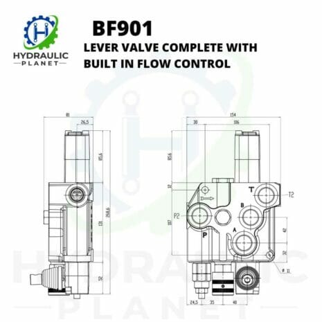 BLB BF901 LEVER VALVE COMPLETE WITH BUILT IN FLOW CONTROL-2 hydraulicplanet Technical drawing of the BLB BF901 LEVER VALVE COMPLETE WITH BUILT-IN FLOW CONTROL, featuring labelled dimensions and the Hydraulic Planet logo positioned at the top left.