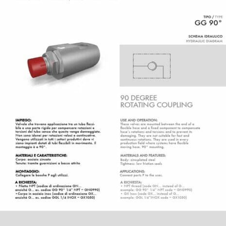 90° Inline Rotating Coupling-2 hydraulicplanet The 90° Inline Rotating Coupling with a red cap is shown, featuring technical specifications and descriptions in Italian and English. This fitting offers easy connexion in tight spaces.