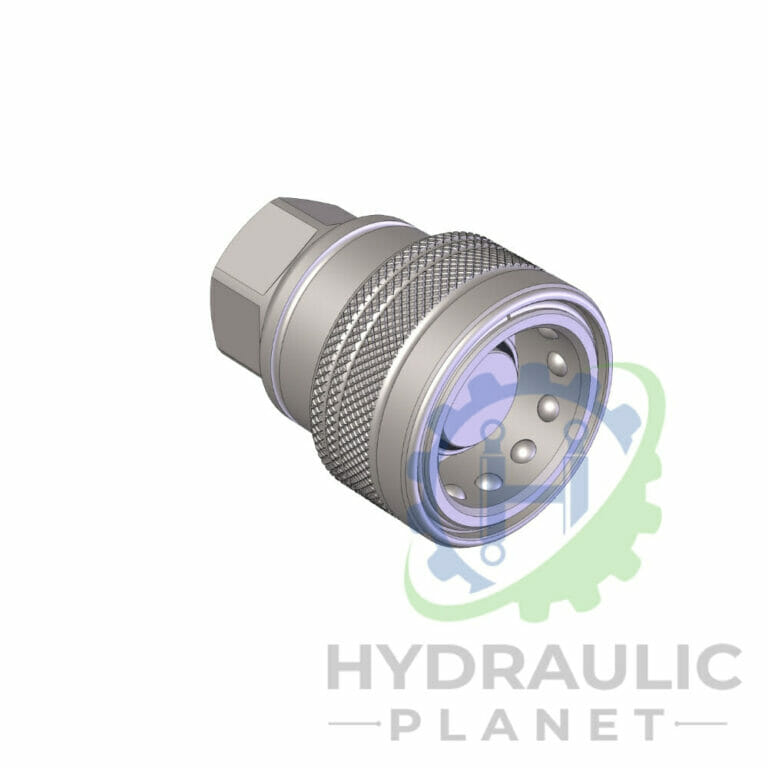 hydraulicplanet 3D rendering of the INLINE ROTATING COUPLING with a knurled grip and inline rotating feature, displayed at an angle and featuring a partially visible Hydraulic Planet logo in the background.