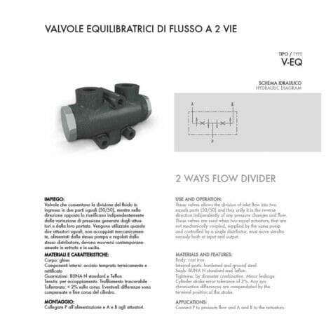 VEQ 2 WAY 50/50 FLOW DIVIDER-2 hydraulicplanet A technical diagram and photo of the VEQ 2 WAY 50/50 FLOW DIVIDER, with Italian and English product descriptions and specifications shown on the page.