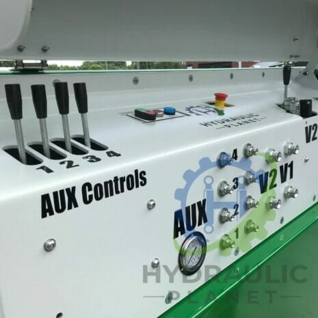 37 kW POWER UNIT-4 hydraulicplanet Close-up of the control panel on the 37 kW POWER UNIT, labelled "AUX Controls," featuring four levers, buttons, switches, indicator lights, and the HYDRAULIC PLANET logo.
