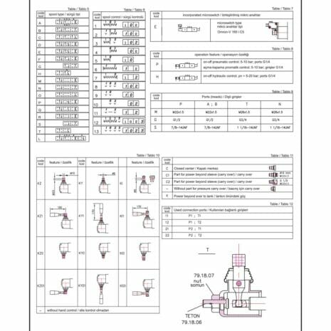 P80 SERIES MONOBLOCK CONTROL VALVES-3 hydraulicplanet Technical specification chart for P80 SERIES MONOBLOCK CONTROL VALVES showing symbols, spool types, operation features, port threads, control options, tables, and diagrams.