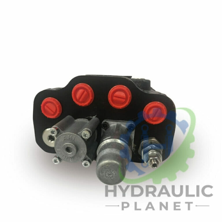 hydraulicplanet Close-up of a HIGH PRESSURE 3 WAY DIVERTER VALVE with three red-capped ports and metallic parts. The Hydraulic Planet logo appears in the background.