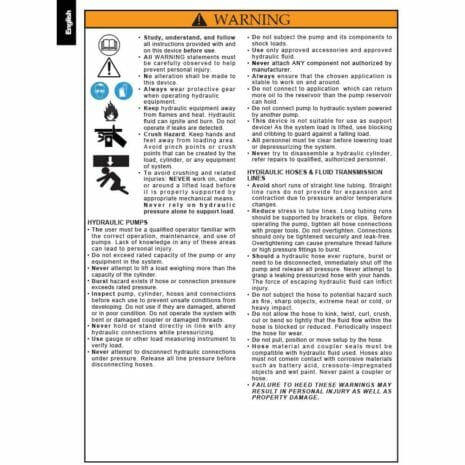 PA1500 TURBO AIR PUMP-5 hydraulicplanet A warning label for the PA1500 TURBO AIR PUMP, detailing safety instructions, usage restrictions, and risks of misuse, with highlighted caution symbols and bold text to emphasise important information.