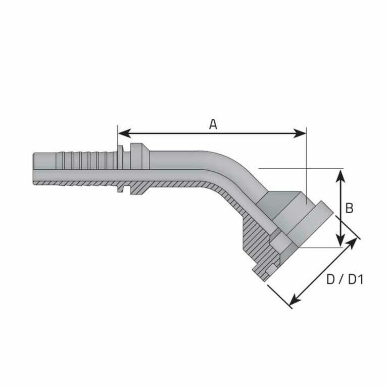 hydraulicplanet Technical drawing of a 45° ELBOW pipe fitting (FLANGE CODE 61 – 3000 PSI) showing dimensions A, B, and D/D1 for length, height, and diameter.