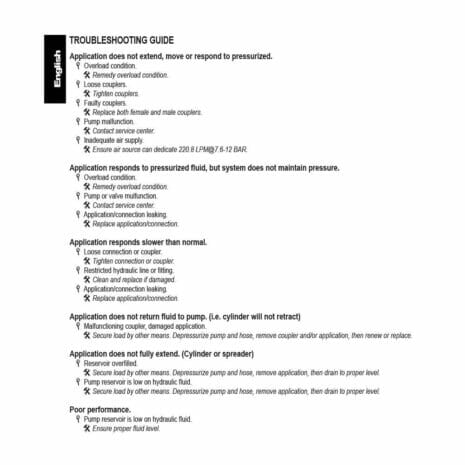 PA1500 TURBO AIR PUMP-7 hydraulicplanet An English troubleshooting guide details causes and fixes for hydraulic fluid issues such as pressure, extension, response time, and performance in the PA1500 TURBO AIR PUMP.