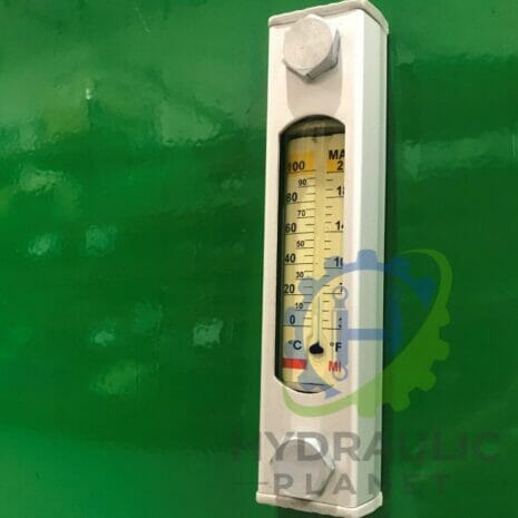37 kW POWER UNIT-2 hydraulicplanet A thermometer gauge shows temperature in Celsius and Fahrenheit on a green panel next to the 37 kW POWER UNIT.