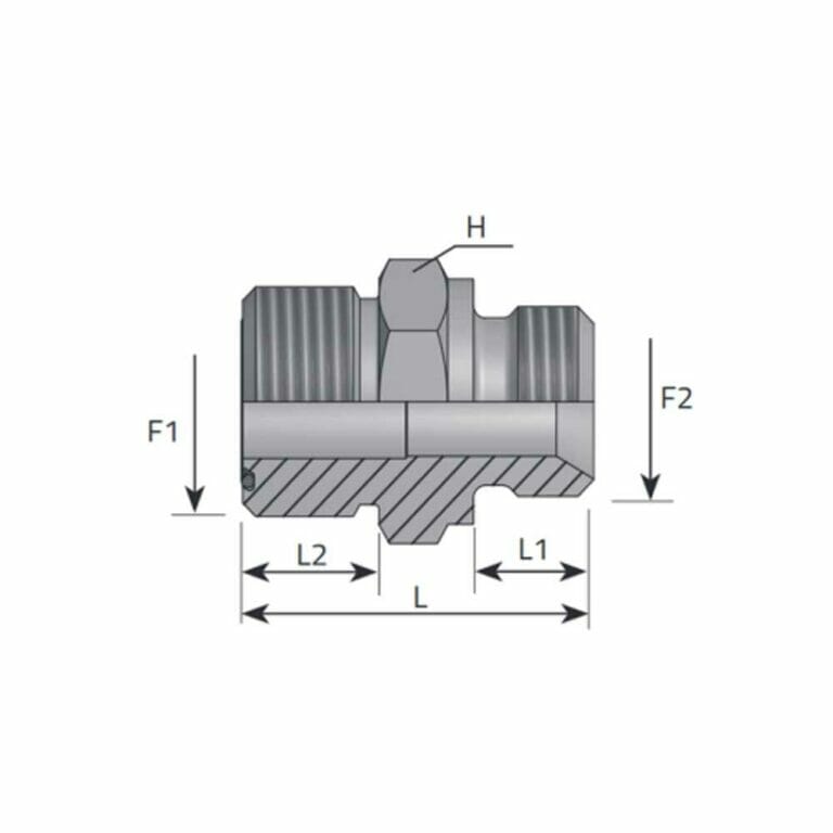 hydraulicplanet Technical drawing of an ADAPTOR MALE ORFS - MALE BSPP WITH 60° CONE, showing a sectional view with dimensions L, L1, L2, F1, F2, and H labelled, and highlighting its 60° cone interface.