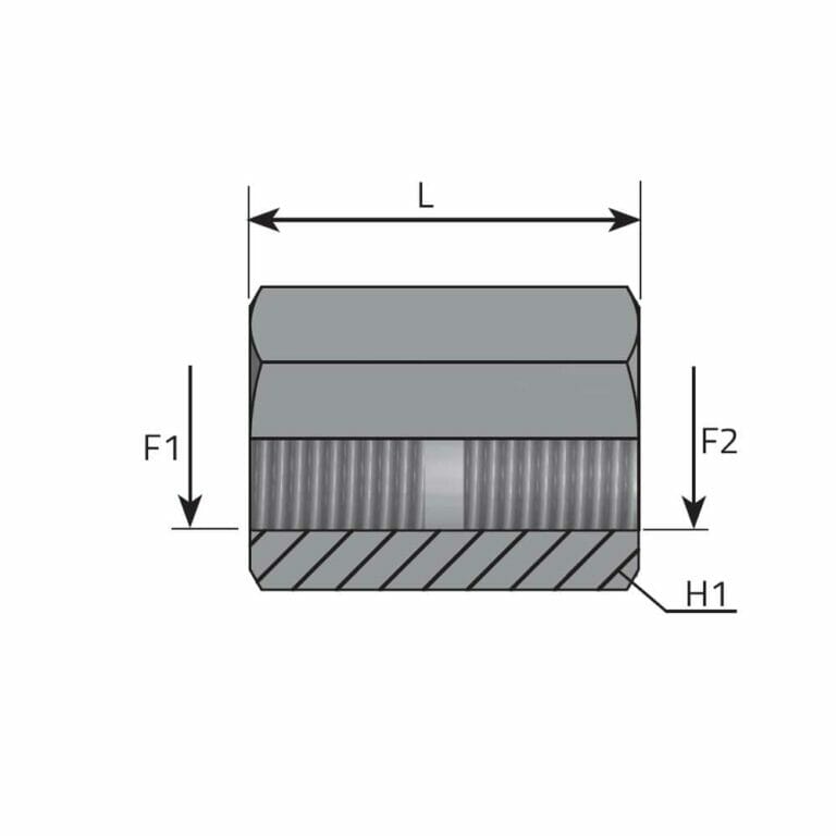 hydraulicplanet Technical diagram of the ADAPTOR FIXED FEMALE BSPP - FEMALE BSPP, cylindrical, with labelled dimensions: length (L), forces (F1, F2), and height (H1); cross-sectional view included.