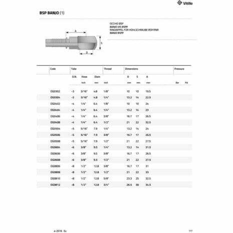 BSP BANJO-2 hydraulicplanet Technical table and diagram of BSP BANJO hydraulic fittings, displaying dimensions, codes, hose sizes, diameters, and pressure ratings for different models.