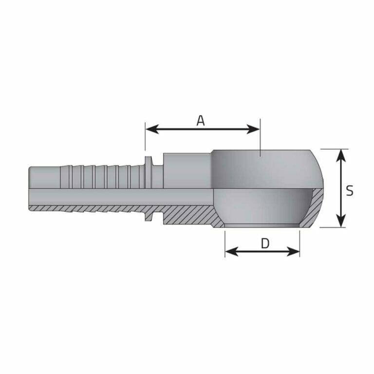 hydraulicplanet Technical drawing of the BSP BANJO hose fitting with a section view, highlighting labelled dimensions A, D, and S for length and diameter measurements.