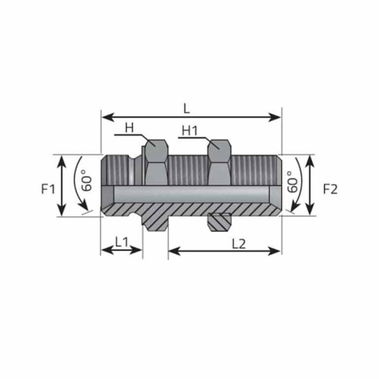 hydraulicplanet Cross-section technical diagram of the STRAIGHT BULKHEAD ADAPTOR BSPP, showing labelled dimensions (L, H, H1, L1, L2, F1, F2) and 60° angles at both ends.