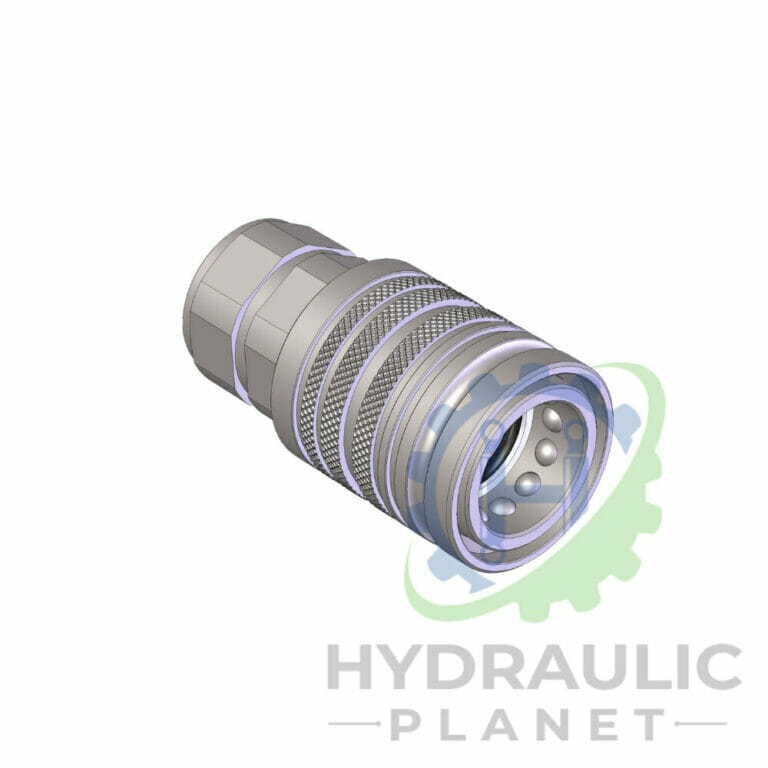 hydraulicplanet 3D rendering of the PUSH PULL SHORT BODY ½” BSP FEMALE hydraulic quick coupler with hex nut, knurled grips, and locking balls, shown above the "Hydraulic Planet" logo.