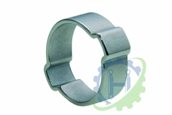 hydraulicplanet A TWO EAR CLIP metal hose clip with a smooth surface and two raised sections is displayed on a white background featuring the Hydraulic Planet logo watermark.