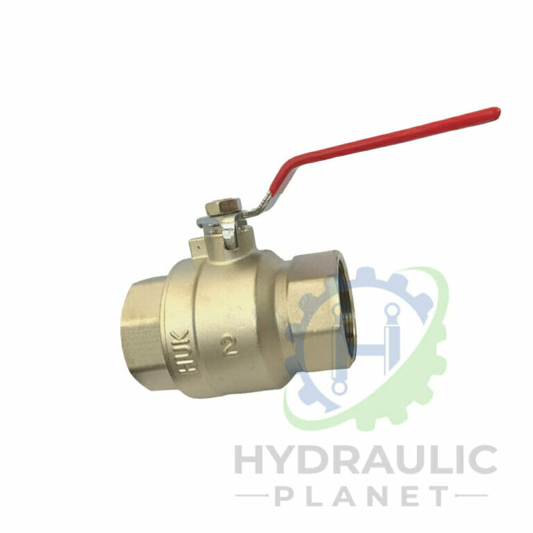hydraulicplanet BALL VALVE BSP FEMALE–BSP FEMALE LEVER BV12 with a red lever handle, displayed against a white background featuring a subtle Hydraulic Planet logo watermark.