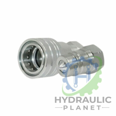 hydraulicplanet ISO A Agricultural Quick Release coupling in silver, shown with matching plug; the "Hydraulic Planet" logo appears partially at the bottom right—perfect for agricultural quick release uses.
