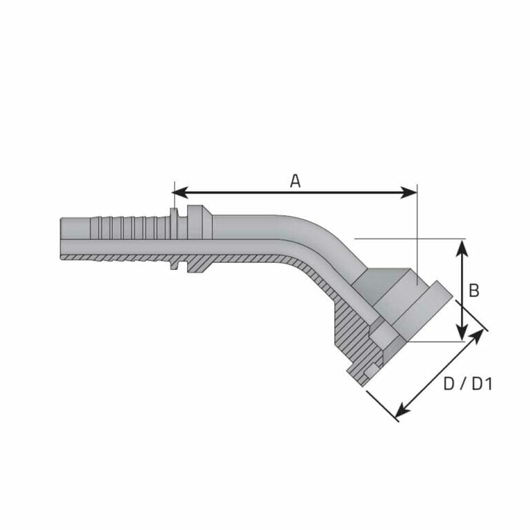 hydraulicplanet Technical drawing of the FLANGE CODE 62 - 6000 PSI - 45° ELBOW hydraulic hose fitting, showing labelled dimensions: A (length), B (height), and D/D1 (diameter).