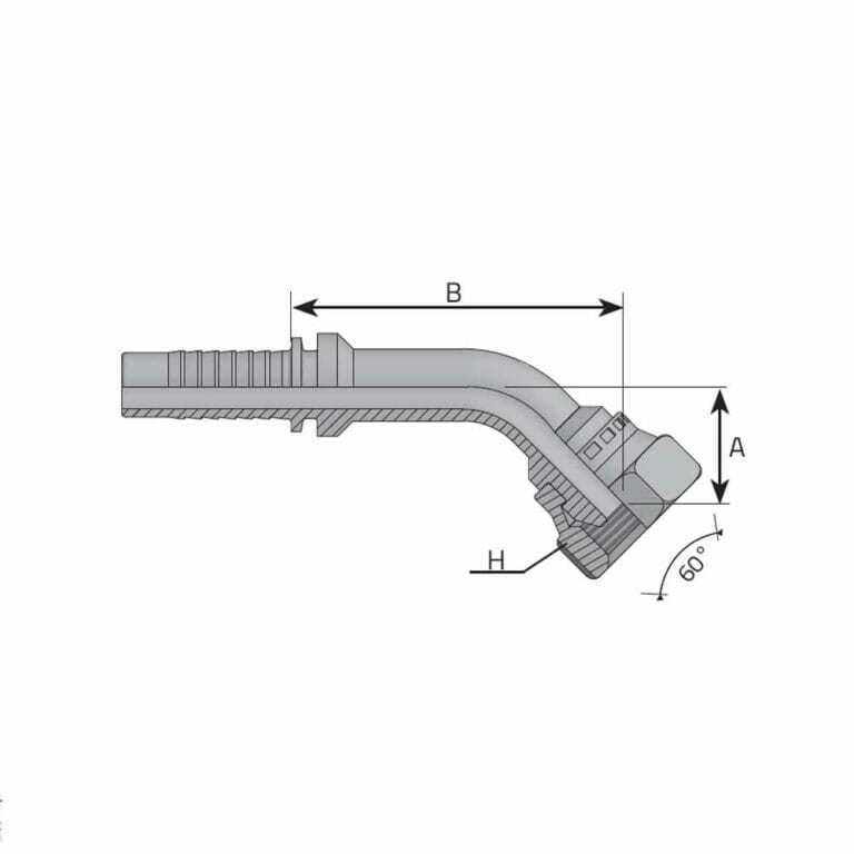 hydraulicplanet Technical drawing of a BSPP FEMALE - 45° ELBOW (CRIMP NUT) hose fitting, showing dimensions A, B, and H, with a crimp nut detail and a BSPP female threaded end on the right.