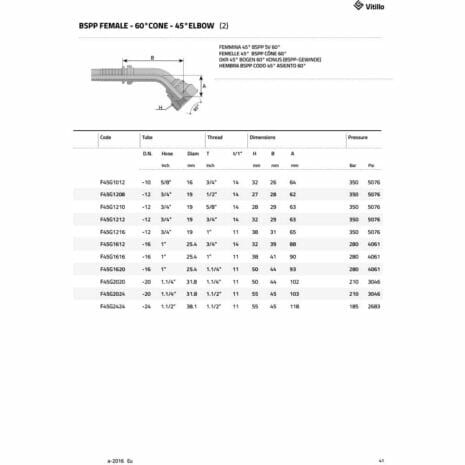 BSPP FEMALE - 45° ELBOW (CRIMP NUT)-3 hydraulicplanet Technical datasheet page for BSPP FEMALE - 45° ELBOW (CRIMP NUT), showing a specs table, diagram, and the Vitillo logo at the top right.