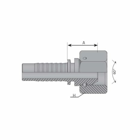 BSPP FEMALE (THRUST WIRE NUT) hydraulicplanet Technical drawing of the BSPP FEMALE (THRUST WIRE NUT) hose fitting, section view, with labelled dimensions A and H, a 60° angle on the fitting head, and detailed thrust wire nut features.