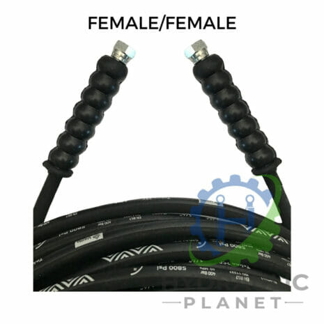 1/4" 2 WIRE BLACK PRESSURE WASHER HOSE ASSEMBLY WITH BSP FEMALE FITTINGS hydraulicplanet 1/4" 2 wire black pressure washer hose assembly with BSP female fittings, labelled "FEMALE/FEMALE." A gear and leaf logo appears partially in the bottom right corner.