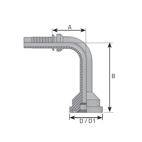 hydraulicplanet Technical drawing of FLANGE CODE 61 - 3000 PSI - 90° ELBOW (LONG DROP) pipe fitting, showing dimensions A (length), B (height), and D/D1 (diameter) with arrows.