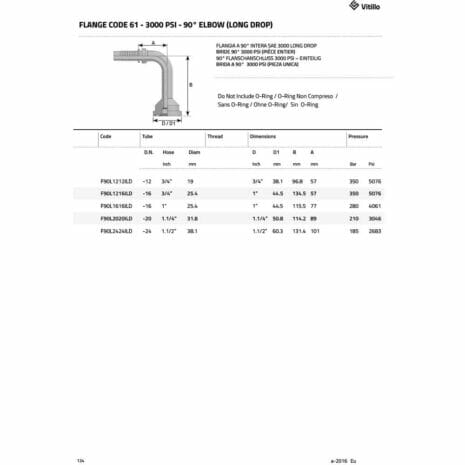 FLANGE CODE 61 - 3000 PSI - 90 ° ELBOW (LONG DROP)-2 hydraulicplanet Table showing specifications for FLANGE CODE 61 - 3000 PSI - 90° ELBOW (LONG DROP), covering hose size, thread, dimensions, and 3000 PSI rating. Technical drawing appears top left.