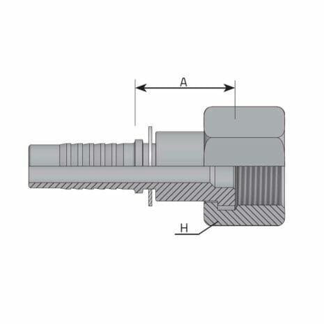 hydraulicplanet Technical drawing of an ORFS FEMALE hydraulic hose fitting with a section view showing internal threads, hose barb, and labelled dimensions 'A' and 'H'.