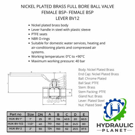 BALL VALVE BSP FEMALE- BSP FEMALE LEVER BV12-2 hydraulicplanet Technical specification sheet for the BALL VALVE BSP FEMALE- BSP FEMALE LEVER BV12, featuring product features, dimensions, diagram, Hydraulic Planet logo, and part number table.