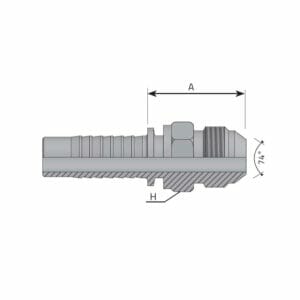 hydraulicplanet Technical drawing of a JIC 37° MALE hydraulic fitting hose showing labelled dimensions A (length), H (width), and a 74-degree angled thread similar to standard JIC 37° fittings.
