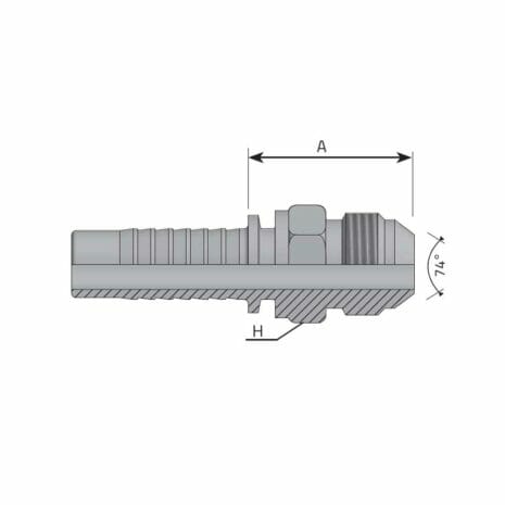 hydraulicplanet Technical drawing of a JIC 37° MALE hydraulic fitting hose showing labelled dimensions A (length), H (width), and a 74-degree angled thread similar to standard JIC 37° fittings.