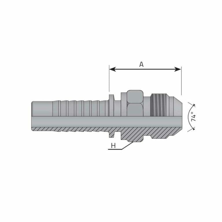 hydraulicplanet Technical drawing of a JIC 37° MALE hydraulic fitting hose showing labelled dimensions A (length), H (width), and a 74-degree angled thread similar to standard JIC 37° fittings.