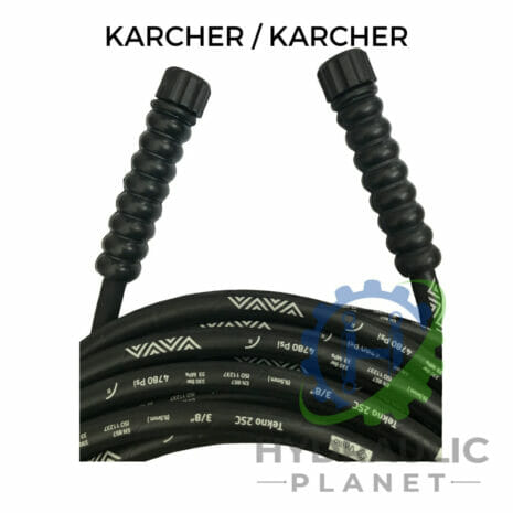 hydraulicplanet The 3/8" 2 Wire Black Pressure Washer Hose Assembly with female Karcher fittings features ribbed grips, pressure specs labelling, “KARCHER / KARCHER” text, and a partially visible “Hydraulic Planet” logo.