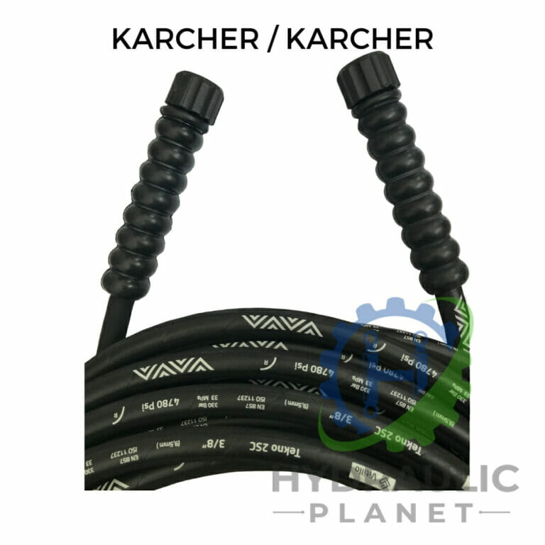 hydraulicplanet The 3/8" 2 Wire Black Pressure Washer Hose Assembly with female Karcher fittings features ribbed grips, pressure specs labelling, “KARCHER / KARCHER” text, and a partially visible “Hydraulic Planet” logo.