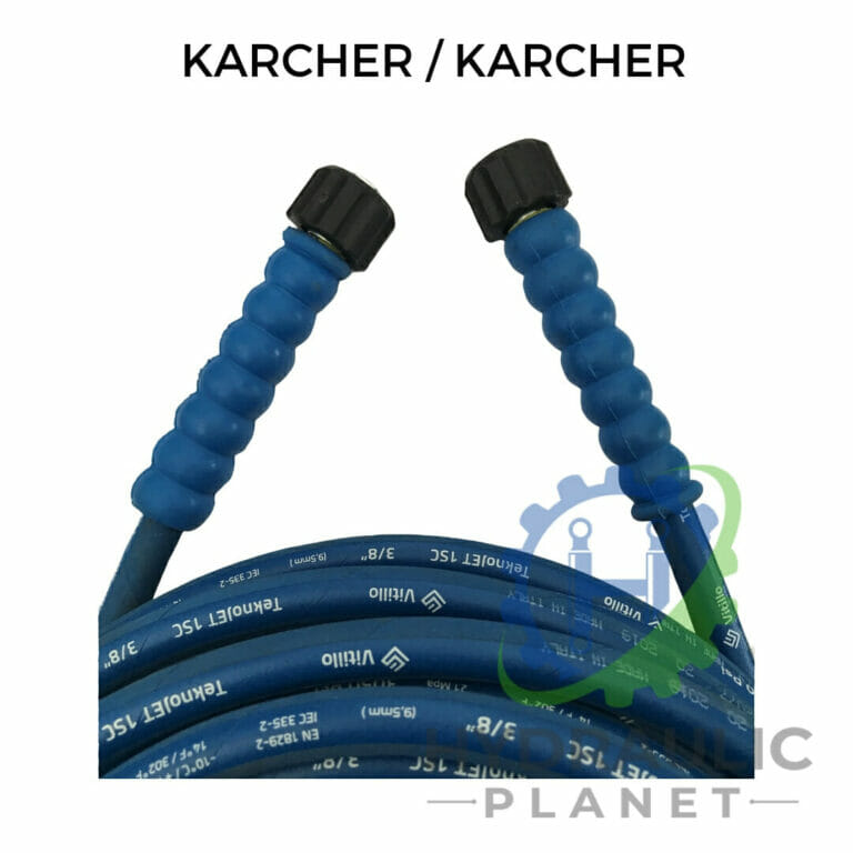 hydraulicplanet The 3/8" 1 Wire Blue Pressure Washer Hose Assembly with female Karcher fittings and black connectors is coiled neatly against a white background featuring a semi-transparent logo.