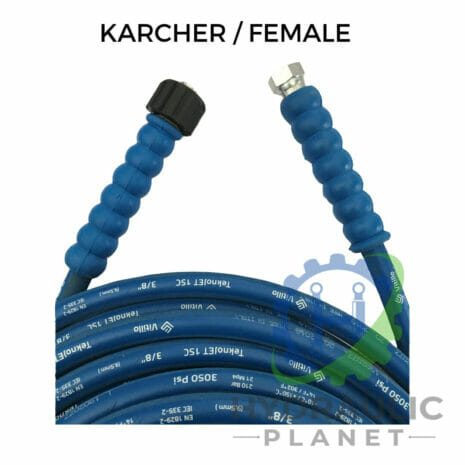 hydraulicplanet 3/8" 1 Wire Blue Pressure Washer Hose Assembly with Female Karcher and BSP Female connectors, coiled and shown on a white background with a partial "PLASTIC PLANET" logo visible.