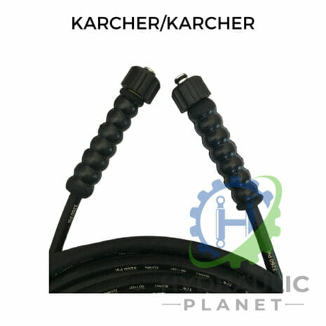 1/4" 1 WIRE BLACK PRESSURE WASHER HOSE ASSEMBLY WITH FEMALE KARCHER FITTINGS hydraulicplanet Close-up of a coiled 1/4" 1 wire black pressure washer hose assembly with female Karcher fittings at both ends; "KARCHER/KARCHER" text above and Hydraulic Planet logo in the corner.