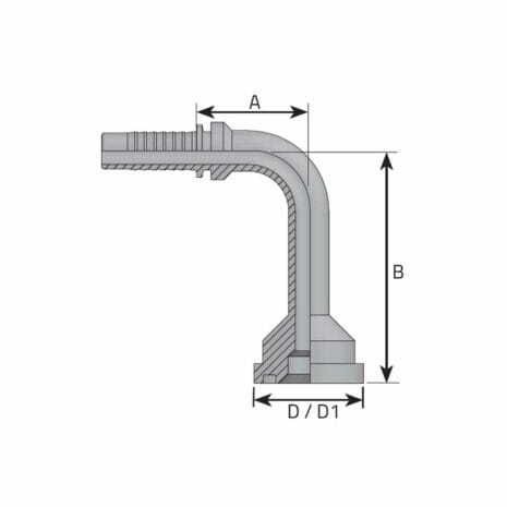 hydraulicplanet Technical diagram of FLANGE CODE 62 - 6000 PSI - 90° ELBOW (LONG DROP), with labelled dimensions A, B, and D/D1 and cross-sectional details.