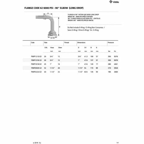 FLANGE CODE 62 - 6000 PSI - 90° ELBOW (LONG DROP)-2 hydraulicplanet Table displaying specifications for FLANGE CODE 62 - 6000 PSI - 90° ELBOW (LONG DROP), with hose diameter, thread size, dimensions (A, B, L1, I1), and pressure ratings up to 6000 PSI and bar.