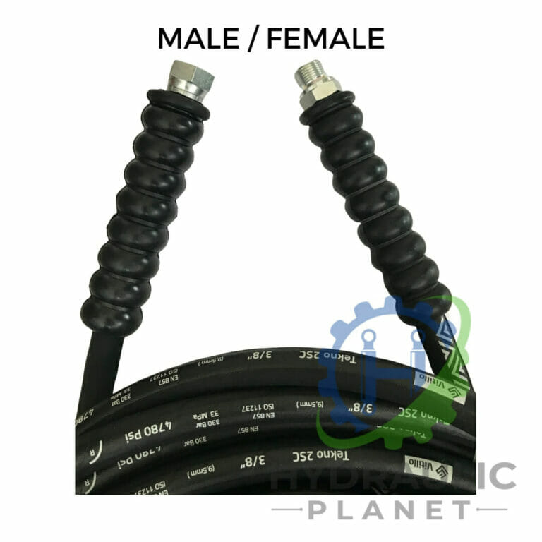 hydraulicplanet Two coiled 3/8" 2 wire black pressure washer hoses with BSP male and BSP female connectors and protective spring guards, placed beside the Hydraulic Planet logo.