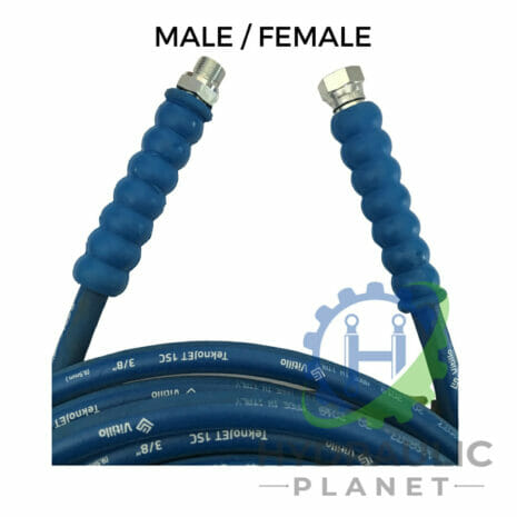 hydraulicplanet Two 3/8" 1 wire blue pressure washer hoses with BSP male and female connectors, labelled "MALE / FEMALE," and part of a logo visible in the bottom right corner.
