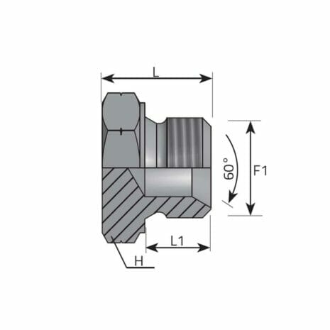 hydraulicplanet Sectional technical drawing of the METRIC MALE PLUG mechanical fitting, displaying labelled dimensions L, L1, H, F1, and a 60° angle.