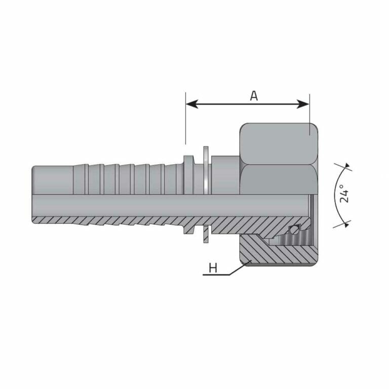 hydraulicplanet Technical drawing of the METRIC FEMALE 24° CONE - L TYPE (LIGHT) hose fitting, showing a cutaway view with labelled dimensions "A" and "H," and featuring a metric female connection with a 24° cone angle.